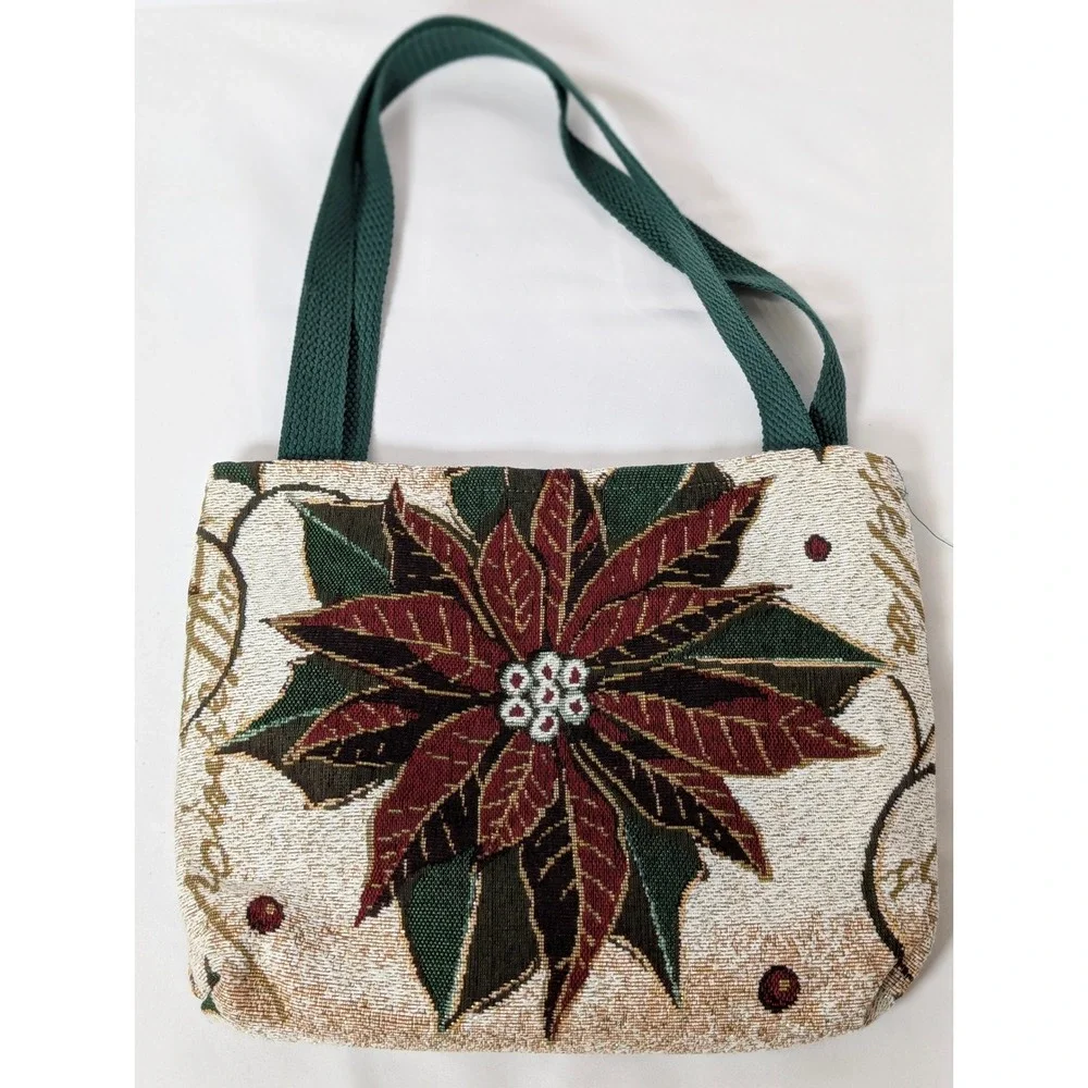 Vintage Christmas Holiday Poinsettia Tapestry Tote Bag & Blanket Fringe Acrylic